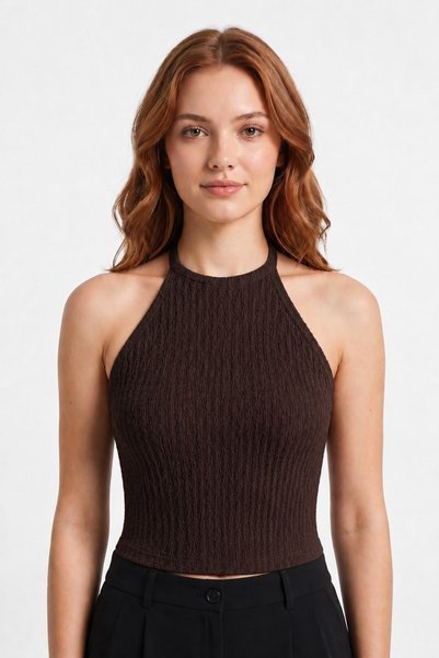 Premium - Tide Collection | Brown Halter Neck Halter-Neck Tied Wrinkled Textured Women's Crop Blouse