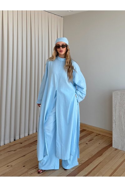 Linen Textured Three-Piece Set with Blue Accessories - 8922