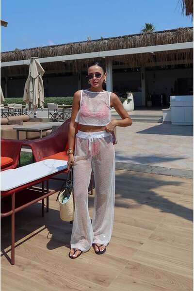 White Sequined Glittery Tie-Back Blouse and Trousers Set