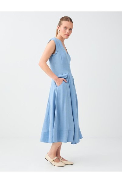 Dusty Blue Linen Blend Sleeveless Midi Dress with Pocket Detail