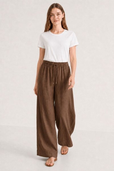 Brown Linen Textured Wide-Legged Brown Trousers with Elastic Waist