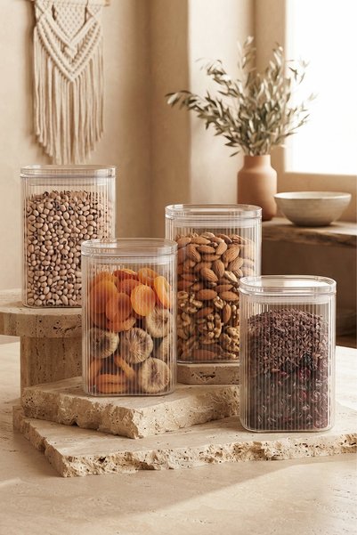 Set of 4 Mega Size Labeled Vacuum Rectangular Jars, 2.4 Liters
