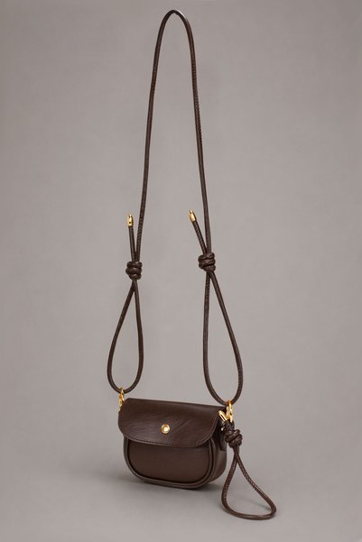 Brown Covered Micro Women's Shoulder and Crossbody Bag – Adjustable Drawstring Strap, Gold Metal Detail