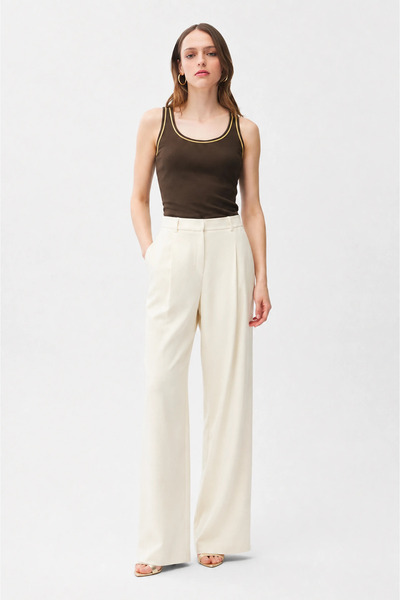 Ecru Pleated Rayon Wide Leg Pants