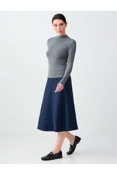 Navy Blue Melange Comfortable Cut Soft Textured Midi Knitted Skirt
