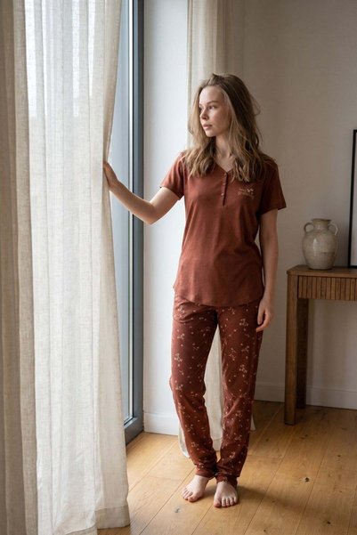 Damla Collar Half Buttoned Pajama Set Kiremit-512242
