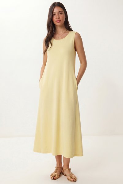 Summer Knitted Dress with Pockets Lrn0032 Yellow