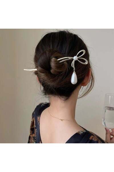 Silver Pearl Bow Japanese Bun Stick