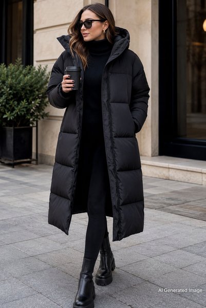Mad Girls Dark Black Long Puffer Coat MG1303