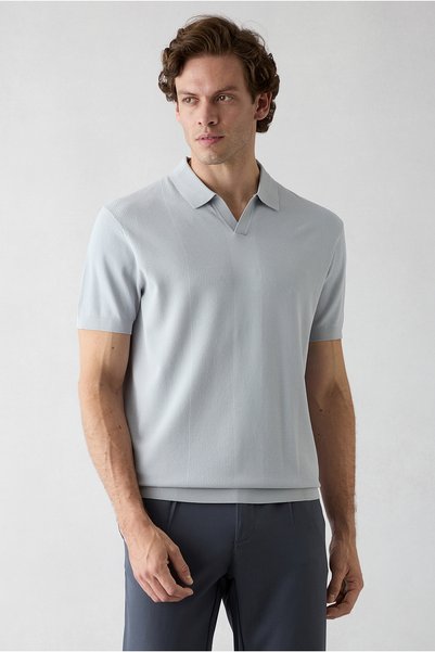 Buttonless Polo Collar Regular Fit Patterned Knitted T-Shirt
