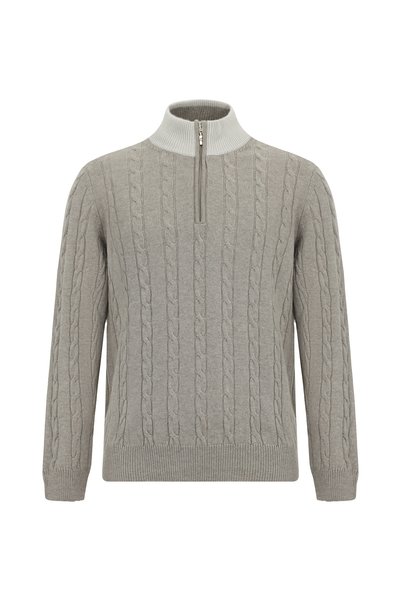 Half Turtleneck Regular Fit Patterned Zippered Cashmere Knit Sweater