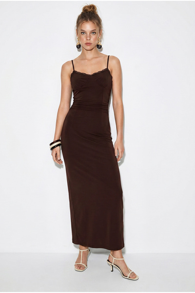 Women's Bitter Coffee Thin Strap Lace Detailed V-Neck Bodycon Maxi Dress 2338 60286243