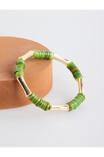 Green Stripe Detailed Beaded Natural Stone Bracelet