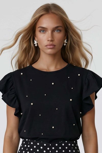 Women's black crew neck ruffled blouse with pearl detail alc-x15531