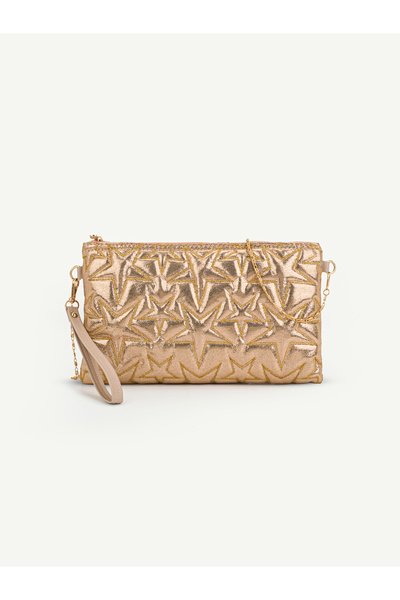 Simli Gold Shk301 Star Embossed Gold Zipper Chain Strap Women's Hand, Shoulder and Wrist Bag