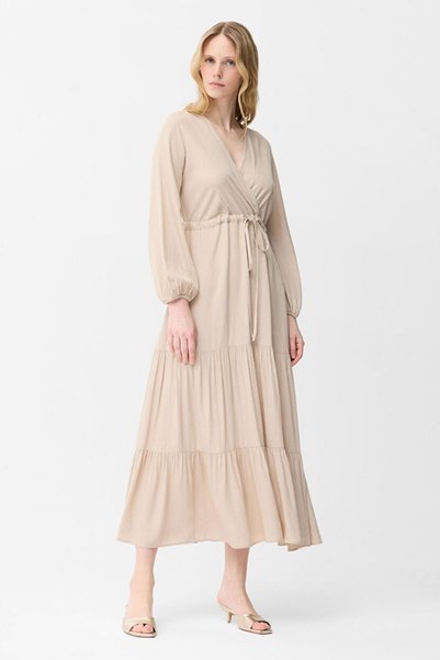 Beige V-Neck Viscose Dress