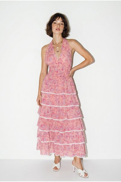 Women's Pink Shawl Patterned Halter Neck Gipeli Backless Layered Maxi Dress 4230 60286392