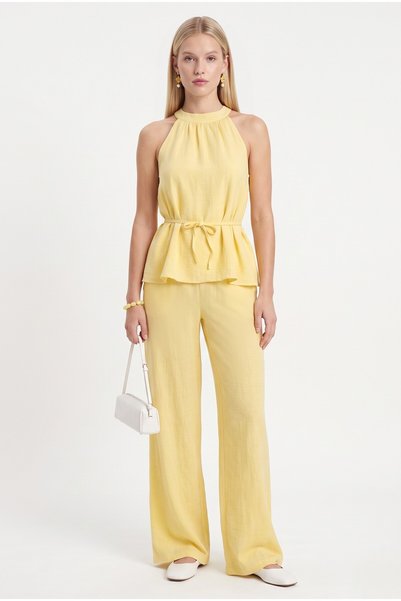 Women's Giselle Blouse Trousers Lemon Yellow Woven Bottom Top Set