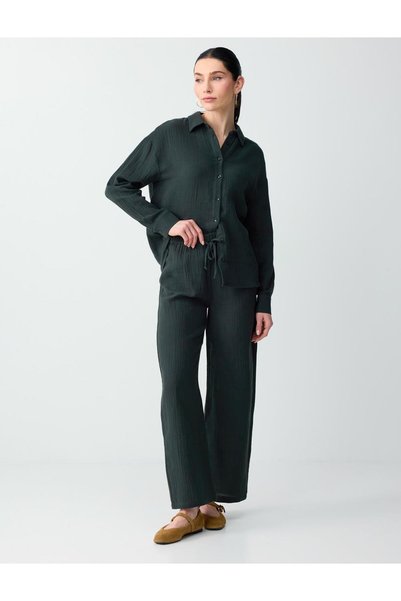 Dark Green 100% Cotton Regular Waist Lace-Up Long Woven Trousers
