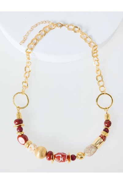 Burgundy Bead Detailed Adjustable Necklace with Ring