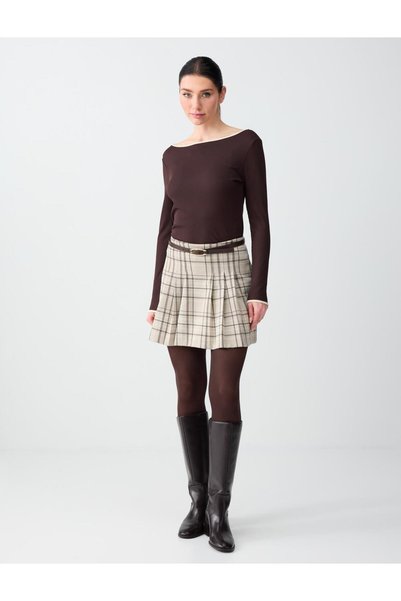 Beige Melange High Waist Plaid Patterned Mini Knitted Skirt