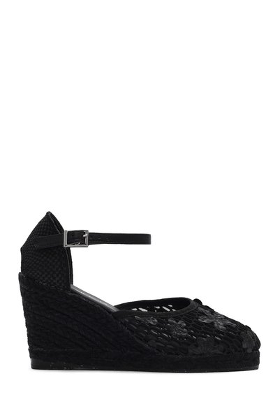 Women's Black Ankle Strap Patterned Wedge Heeled Espadrille 25Sfd20756F