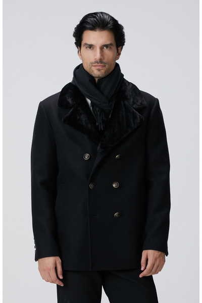 Black Double-Breasted Fur Collar Sailor Coat