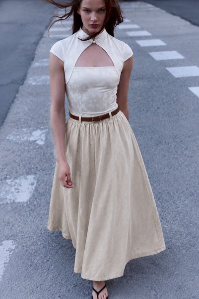 Women's Casual Elastic Waist Beige Long Skirt