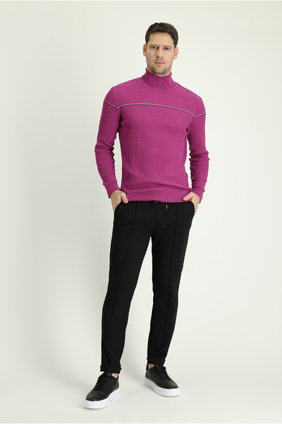 Turtleneck Slim Fit Patterned Cotton Knit Sweater