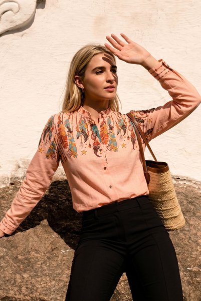 Women's Salmon Judge Collar Patterned Shirt Arm-25Y001013
