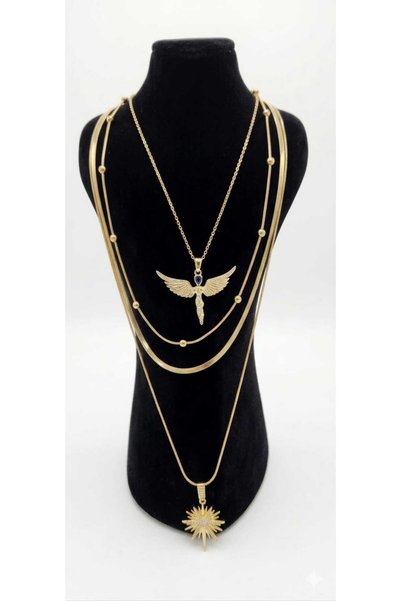Steel Angel and North Star Figured 4-Piece Combination Necklace Set Gold Color