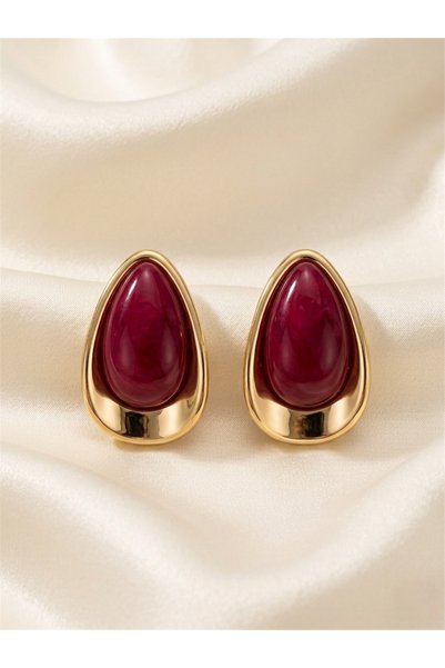 Burgundy Drop Stone Thick Framed Earrings