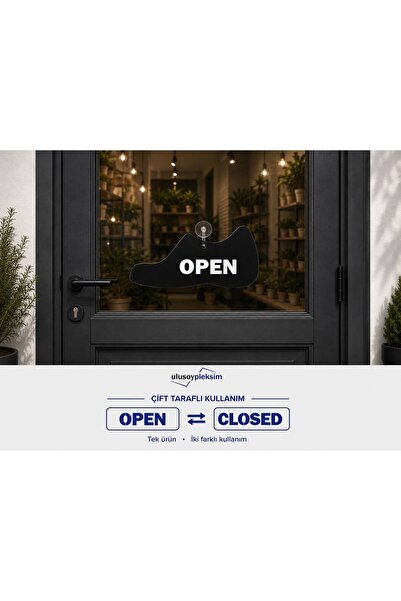 OPEN CLOSED плексиглас натпис за врата на продавница со фигура на чевел