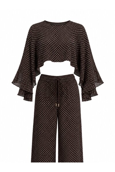 Brown Polka Dot Chiffon Double Suit - 2246