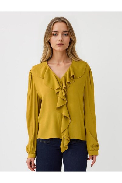Olive Green Long Sleeve V-Neck Ruffle Detailed Woven Blouse