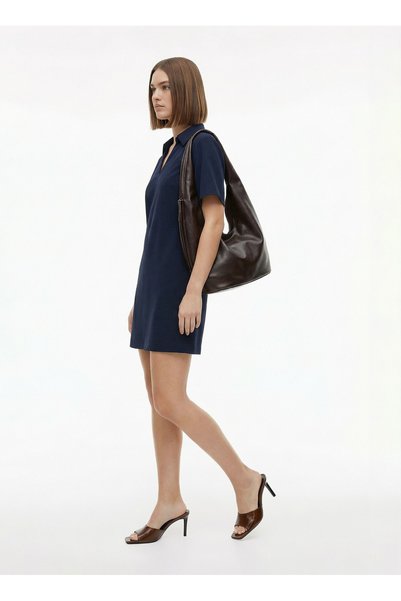 Navy Blue Women's Loose Fit Dress with Cowl Neck F6Sl-Elb0366
