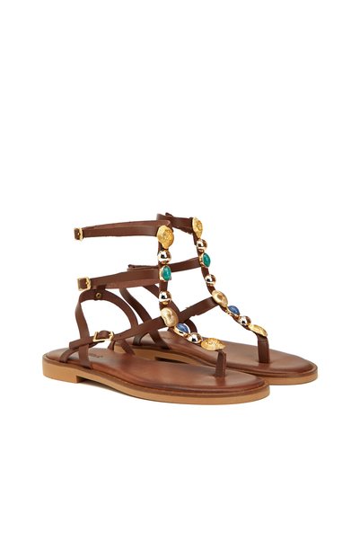 Women's Leather Sandals with Tan Buckle Detail
