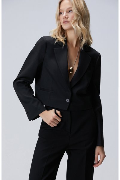 Black Wool Blend Crop Blazer Jacket
