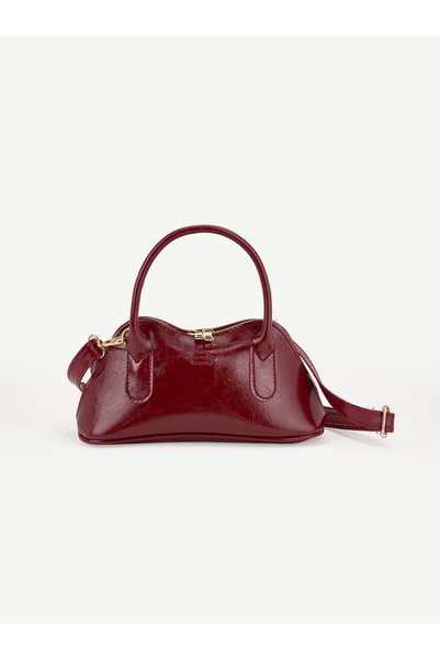Wrinkled Textured Burgundy Shk303 Faux Leather, Zippered, Long Strap, Hand, Arm and Shoulder Bag