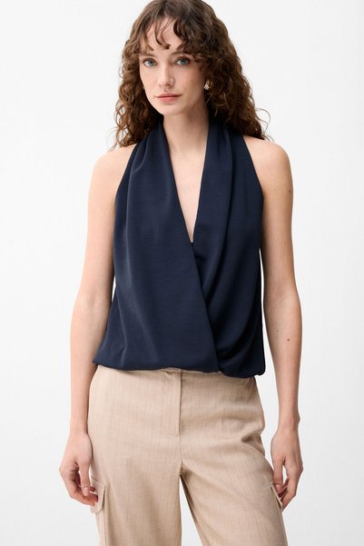 Navy Blue Degaje Collar Sleeveless Blouse
