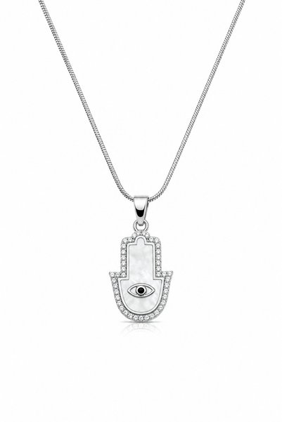 Women's White Color Steel Fatma Ana Hand Evil Eye Beaded Necklace 50 cm