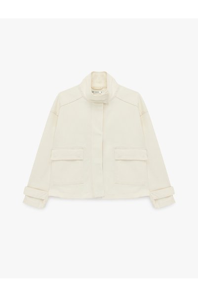 Cotton Pocket Detailed Stand Collar Long Sleeve Denim Jacket
