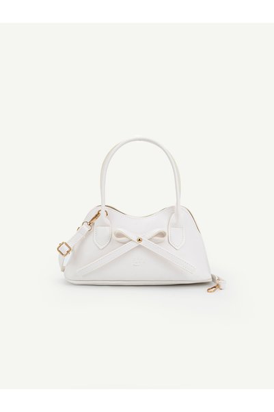 White Shk335 Bow Detailed Zippered Long Strap Women's Hand, Arm and Shoulder Bag