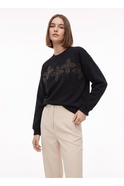 Black Women's Crew Neck Loose Fit Patterned Sweatshirt F6Wl-Swt0132
