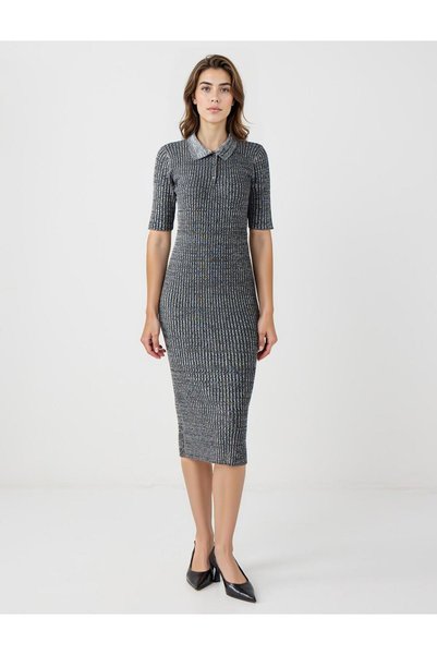 Anthracite Melange Slim Fit Shirt Collar Elbow Sleeve Knitted Midi Dress