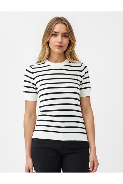Striped Round Neck Short Sleeve Wool Blend Knitwear Sweater