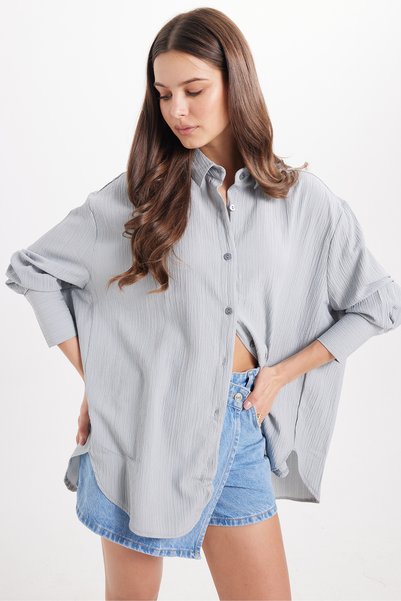 Women's Oversize Wide Cut Wrinkle Detail Long Sleeve Textured Gray Shirt