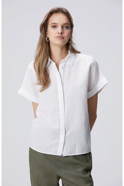 White Short Sleeve Linen Blend Shirt