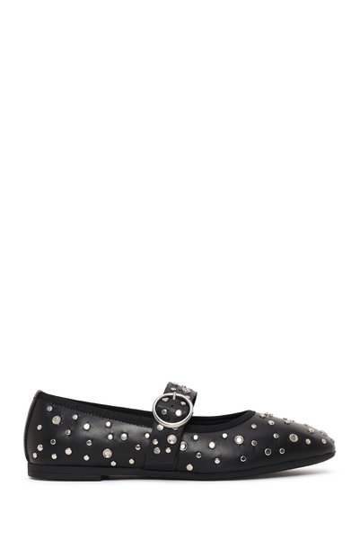 Women's Black Buckle-Stone Leather Ballerinas 26Pfd270118