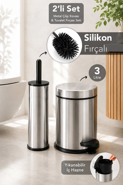 2-Piece Bathroom Set - Silicone Tipped Toilet Bowl Brush and Pedal Metal Trash Can with Inner Bucket 3L Chrome